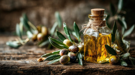 A beautifully styled glass bottle of golden olive oil sits among fresh olives and olive branches, creating a rustic yet elegant food scene.の素材