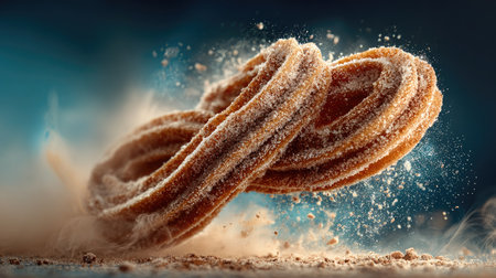 A beautifully captured churro dusted with cinnamon sugar, showcasing motion and texture against a dark background, evokes indulgence and delight.の素材