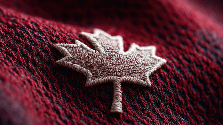 This close-up image showcases a beautifully embroidered maple leaf on a rich red textile surface. The intricate stitching highlights craftsmanship and cultural significance.の素材