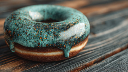 A close-up image of a delicious donut with vibrant teal icing and a sparkling finish, resting on a rustic wooden surface, perfect for food enthusiasts.の素材