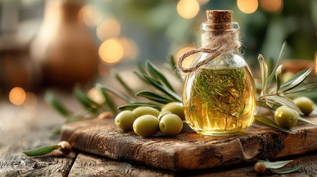 This captivating image features a glass bottle of olive oil infused with fresh herbs, surrounded by green olives on a rustic wooden table, with warm bokeh lights in the background, capturing the essence of natural ingredients and culinary artistry.の素材