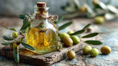 A beautifully arranged glass bottle of olive oil is displayed with fresh olives and olive branches on a rustic wooden surface, creating a warm, inviting scene.の素材