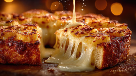A mouthwatering scene showcasing gooey cheese melting over crispy bread with sweet caramelized pineapple, perfect for food lovers and culinary enthusiasts.の素材