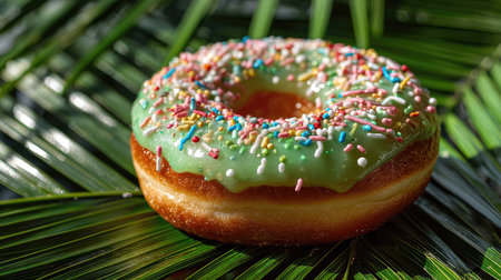 This vibrant image captures a delicious donut topped with colorful sprinkles and green frosting, artfully placed on tropical leaves, showcasing a delightful treat.の素材