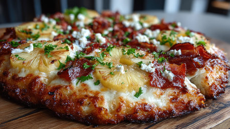 A mouthwatering Hawaiian pizza topped with juicy pineapple, crispy bacon, creamy cheese, and vibrant herbs, perfect for any pizza lover.の素材