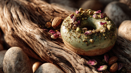 A captivating close-up of a matcha glazed donut adorned with nuts and edible flowers, resting on a rustic wooden surface, showcasing culinary artistry.の素材