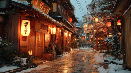 A tranquil evening scene captures a snowy street in a traditional Japanese town, adorned with glowing lanterns and warm ambiance, evoking a sense of tranquility.の素材