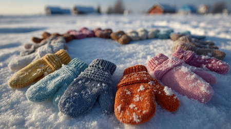 A lovely arrangement of colorful knitted mittens in a circle on a snowy landscape. This image captures the essence of winter joy and warmth, perfect for seasonal themes.の素材