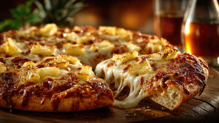 A tempting pizza featuring melted cheese and juicy pineapple slices served on a rustic wooden table, perfect for any dining occasion.の素材