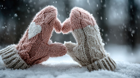 Two cozy mittens with a heart shape are forming a bond in the snow, symbolizing warmth and love amidst a serene winter scene, ideal for holiday themes.の素材
