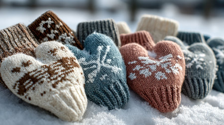 A collection of heart-shaped mittens arranged on a snowy surface, showcasing intricate patterns and vibrant colors, perfect for winter warmth and style.の素材