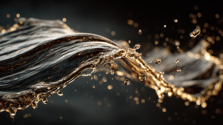This image showcases the captivating flow of golden water, featuring intricate bubbles and luminous reflections against a dark background, creating a serene and dynamic visual experience.の素材