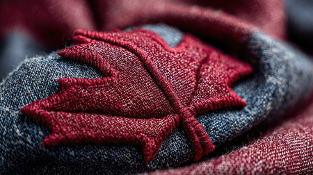 This close-up image showcases a beautifully embroidered maple leaf on fabric, with rich textures and colors, ideal for designs celebrating Canadian culture.の素材