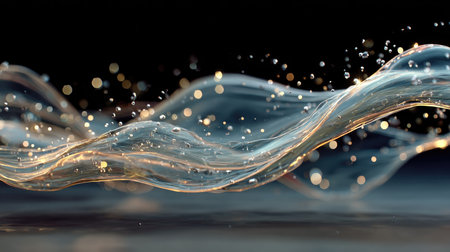This stunning abstract image captures flowing water with shimmering droplets and soft twists, perfect for artistic and creative projects.の素材