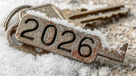 A closeup of a rusty key labeled with the number 2026 resting on a bed of soft, white snow, capturing the essence of winter and nostalgia.の素材