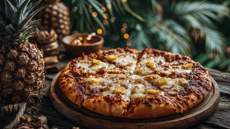 A tempting pizza topped with juicy pineapple and melted cheese sits on a rustic wooden table, surrounded by tropical decor and warm lighting, creating a cozy atmosphere perfect for gatherings.の素材
