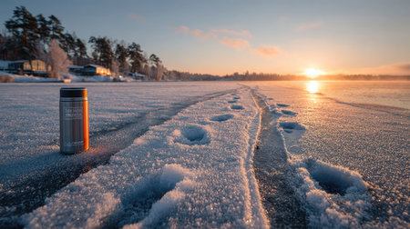 Experience the serene beauty of a sunrise over a frozen lake, featuring a thermos and foot tracks in the snow, capturing the essence of winter tranquility.の素材
