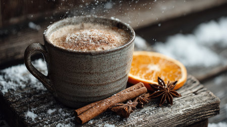 A cozy scene featuring a warm spiced beverage in a handcrafted mug, surrounded by cinnamon sticks and an orange slice, set on rustic wood. The gentle sprinkle of sugar adds a festive touch, perfect for winter nights.の素材