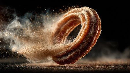 A stunning image capturing a crispy churro coated in sugar, creating a dramatic powdered explosion against a dark backdrop, showcasing its delicious appeal.の素材