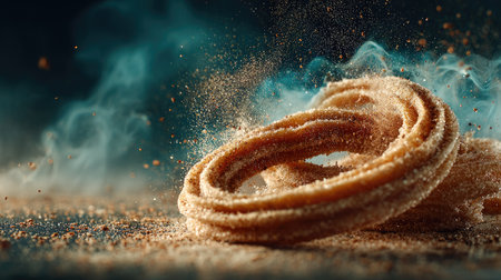 This striking image features churros coated in sugar and cinnamon, surrounded by a cloud of sweet dust, creating a tantalizing feast for the senses.の素材
