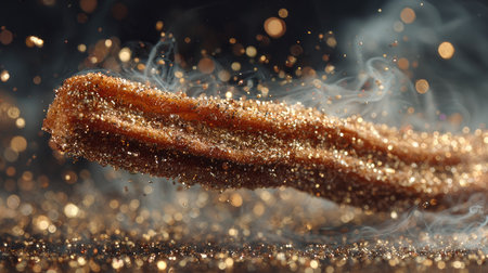 A captivating image of a churro coated in shimmering sugar and surrounded by a halo of ethereal smoke, creating an enchanting dessert scene.の素材