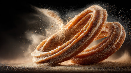 This captivating image features mouthwatering churros, freshly made and coated with a delightful mix of sugar and cinnamon. The dramatic dusting of sugar adds to the tempting appeal, making it perfect for showcasing culinary delights or dessert-themed content.の素材