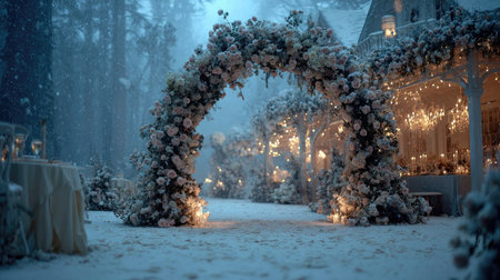 A stunning winter wedding scene featuring an elegant floral archway adorned with twinkling lights amidst a snowy landscape, creating a magical atmosphere.の素材