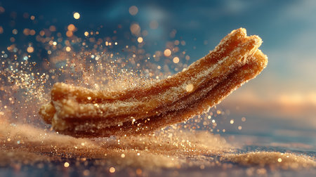 A tempting and golden churro surrounded by a magical cloud of sugar and cinnamon, creating a delightful scene full of flavor and joy. Perfect for dessert lovers.の素材