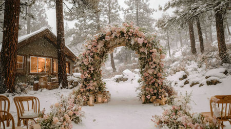 A stunning winter wedding scene featuring a beautifully decorated floral arch in a snowy forest, complete with a cozy cabin backdrop for a magical celebration.の素材