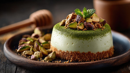 A delightful matcha cream cake topped with pistachios and a drizzle of honey, beautifully presented on a rustic wooden plate. Perfect for dessert lovers.の素材