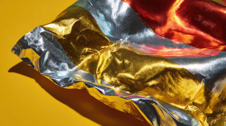 This image showcases a vibrant and crumpled metallic foil with rich gold, silver, and red colors against a bright yellow background, creating an eye-catching design.の素材