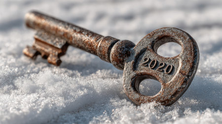 A vintage rusty key marked with the year 2020 lies on a bed of soft snow. This still-life captures the essence of winter and evokes feelings of nostalgia and memory.の素材