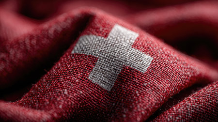 This close-up image features a textured piece of fabric with the Swiss flag prominently displayed. The vibrant red background contrasts beautifully with the crisp white cross, symbolizing national pride and heritage.の素材
