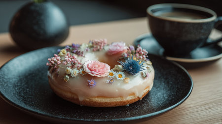 A beautifully decorated donut adorned with colorful edible flowers rests on a stylish plate next to a steaming cup of coffee, perfect for cozy moments.の素材