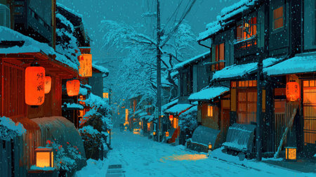 Experience a tranquil winter scene of a traditional street illuminated by glowing lanterns and blanketed in soft snow, capturing the charm of a quiet night.の素材