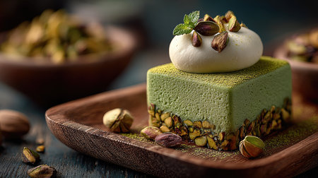 A beautifully presented green dessert featuring a creamy topping and pistachio base. Perfect for food photography, this indulgent treat captures gourmet elegance.の素材