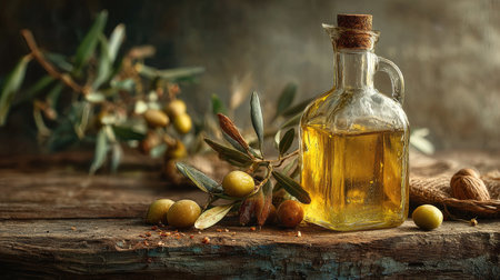Captivating still life featuring a glass bottle of olive oil alongside fresh olives and olive branches on a rustic wooden table, evoking a natural and healthy lifestyle.の素材
