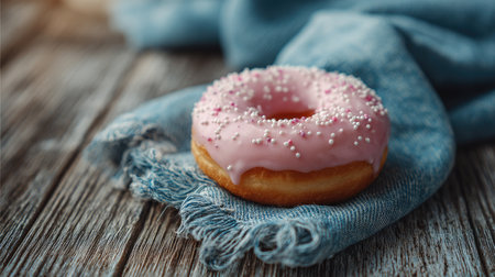 A delightful pink iced donut sits atop a rustic wooden table, accented by a soft blue cloth. This close-up captures the tempting sweetness and vibrant colors, perfect for food lovers.の素材
