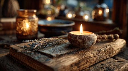This serene scene captures a glowing candle on rustic wood, surrounded by lavender and soft lighting, perfect for enhancing calm and relaxation.の素材