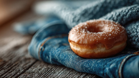 A mouthwatering glazed donut sits gracefully on textured wood and denim, illuminated by soft light, highlighting its delicious details and inviting textures.の素材