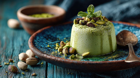 A visually stunning creamy matcha dessert adorned with nuts and fresh mint on a rustic blue plate, perfect for culinary photography or gourmet food inspiration.の素材