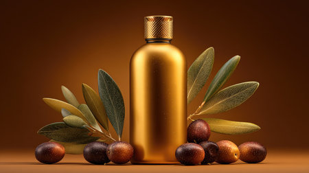A golden bottle stands elegantly surrounded by lush olive leaves and dark olives, perfect for showcasing organic beauty or culinary products.の素材