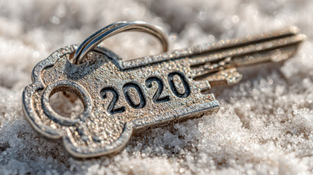 This image features a detailed close-up of a silver key marked with the year 2020, resting on a textured surface of white crystals. The shot highlights both the metallic sheen and intricate details of the key.の素材