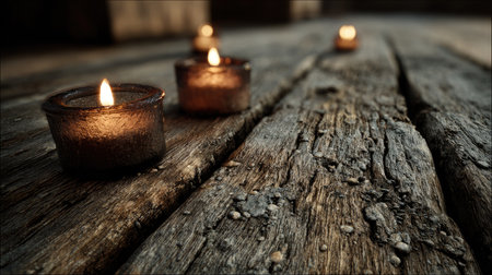 A serene scene featuring flickering candles placed on a weathered wooden floor. The soft warm light creates a cozy ambiance perfect for relaxation and tranquility.の素材