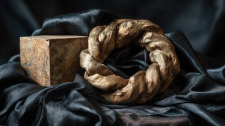 This composition features a golden decorative element alongside a textured cube, resting on luxurious black fabric. Perfect for artistic design concepts.の素材