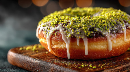 This enticing gourmet doughnut features a rich chocolate glaze, a crunchy pistachio topping, and a delightful icing drizzle, perfect for dessert lovers.の素材