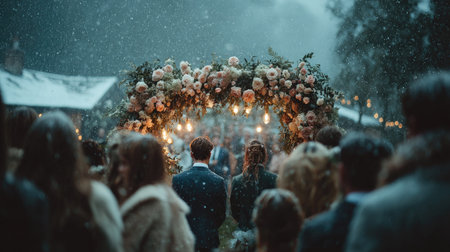 A romantic outdoor wedding ceremony set in a snowy landscape, featuring an elegant floral arch, soft twinkling lights, and joyful guests celebrating love.の素材