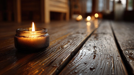 A serene image showcasing a flickering candle placed on a damp wooden floor, promoting a cozy atmosphere and inviting relaxation in a warm interior space.の素材