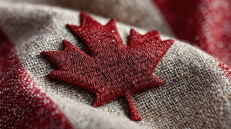 A captivating close-up image of a red maple leaf embroidery on textured fabric, highlighting the intricate details and warmth of the design.の素材