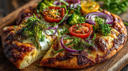 A mouthwatering vegetable pizza featuring vibrant broccoli, juicy cherry tomatoes, and red onion on a crispy crust, perfect for any meal or occasion.の素材